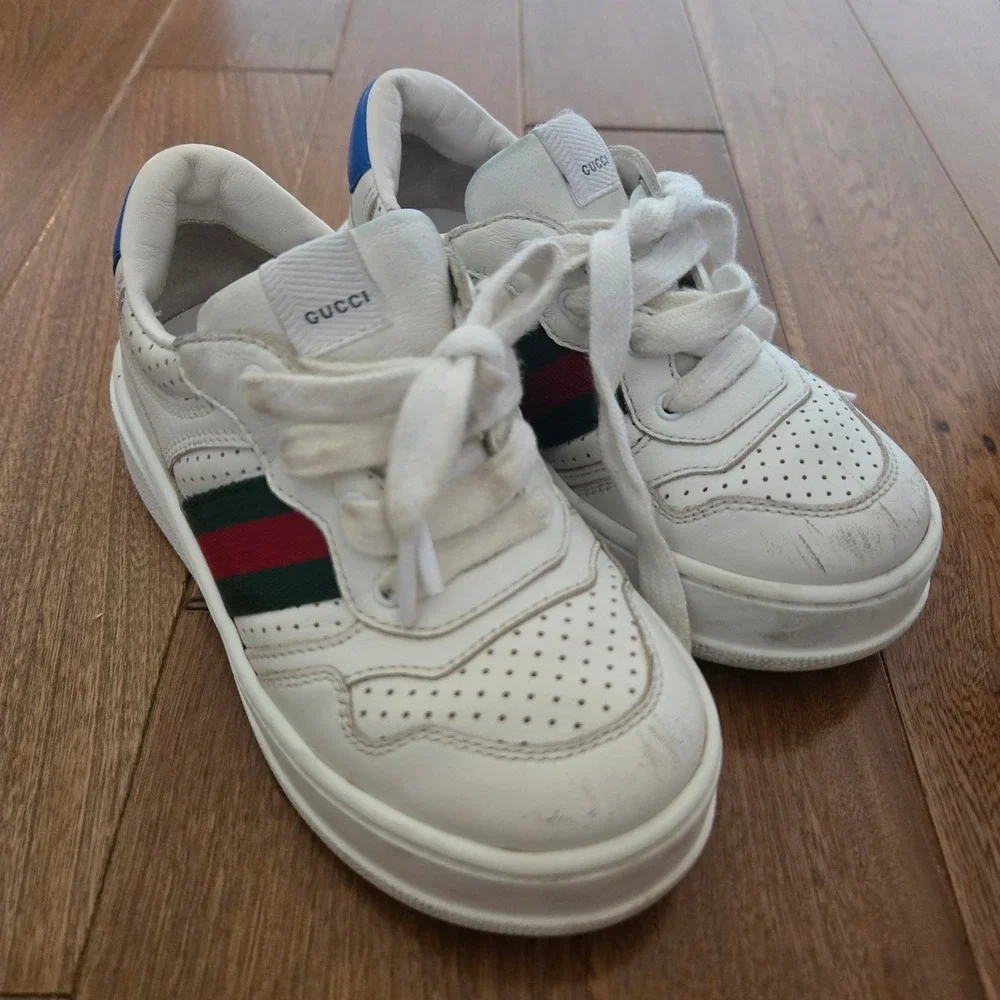 Gucci Kids Web Detail Leather Sneakers White Red Green Stripe Blue 26 US 9.5